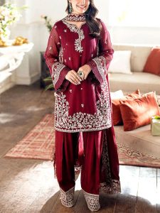 Gorgeous Heavy Embroidered Maroon Chiffon Wedding Dress With Chiffon Embroidered Dupatta (Unstitched) (Code:31813)