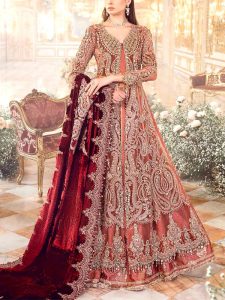 MARIA B Design Luxurious Intricate Embroidered Rust Orange Net Maxi Dress (Unstitched) (Code:31982)