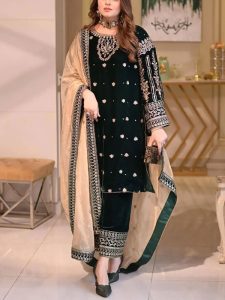 Velvet Heavy Embroidered Dress With Masoori Heavy Embroidered Dupatta (Unstitched) (Code:33084)