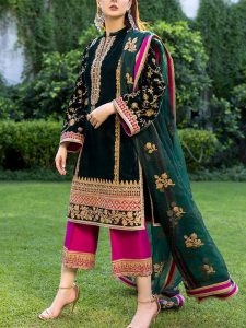 High Fashion Embroidered Bottle Green Velvet Dress with Embroidered Organza Dupatta (Unstitched) (Code:33091)