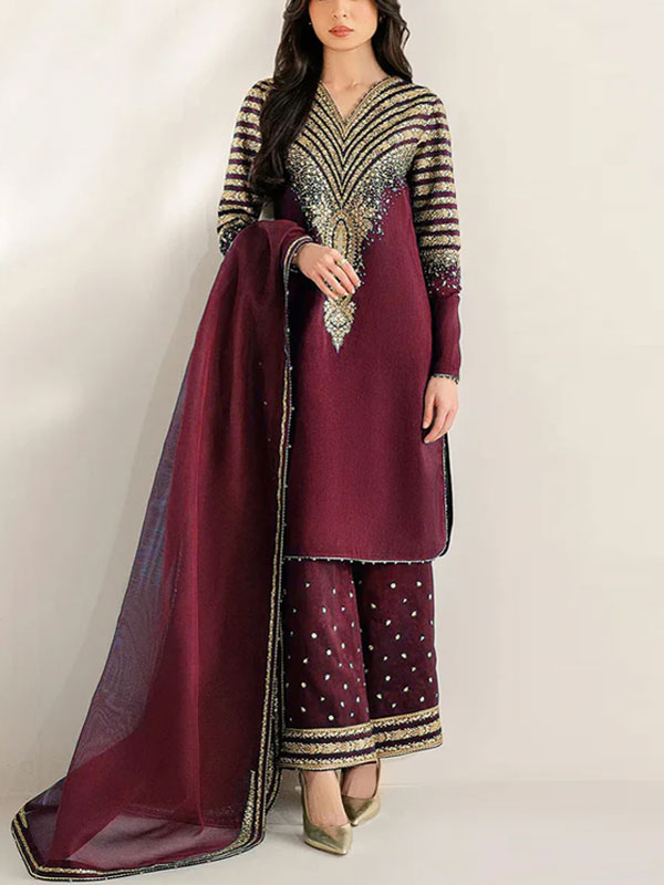 JAZMIN Silk Heavy Embroidered Dress With Organza Embroidered Dupatta (Unstitched) (Code:31598)