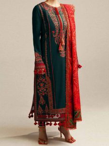 HASSAN REHAR Dhanak Heavy Embroidered Dress With Digital Printed Kotrai Shawl (Unstitched) (Code:31649)