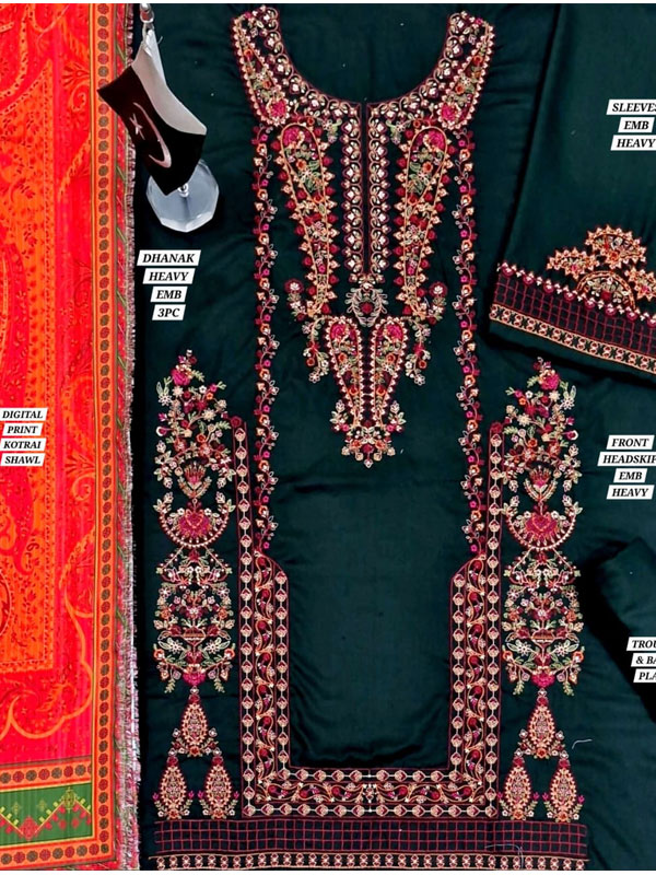 HASSAN REHAR Dhanak Heavy Embroidered Dress With Digital Printed Kotrai Shawl (Unstitched) (Code:31649) - Image 2