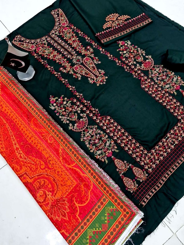 HASSAN REHAR Dhanak Heavy Embroidered Dress With Digital Printed Kotrai Shawl (Unstitched) (Code:31649) - Image 3