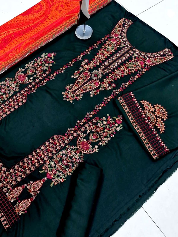 HASSAN REHAR Dhanak Heavy Embroidered Dress With Digital Printed Kotrai Shawl (Unstitched) (Code:31649) - Image 4