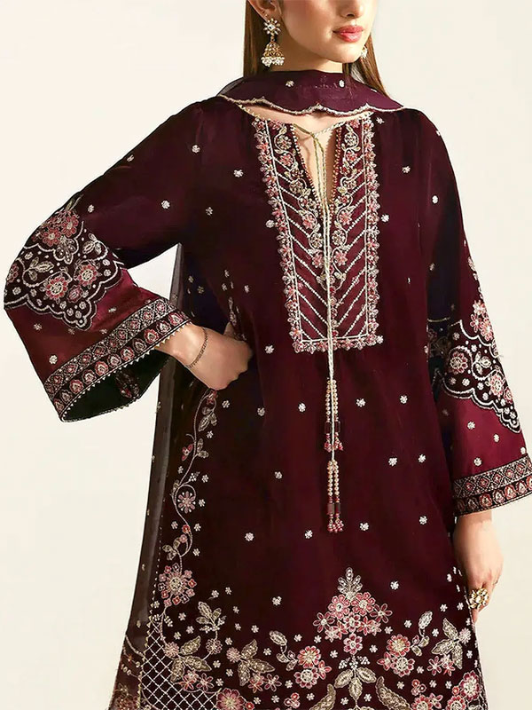 JAZMIN Design Velvet Heavy Embroidered Dress With Embroidered Chiffon Dupatta (Unstitched) (Code:31609) - Image 2
