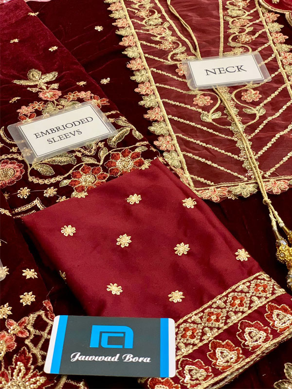 JAZMIN Design Velvet Heavy Embroidered Dress With Embroidered Chiffon Dupatta (Unstitched) (Code:31609) - Image 4