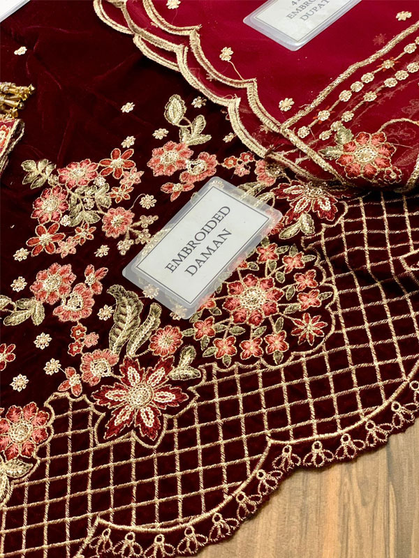 JAZMIN Design Velvet Heavy Embroidered Dress With Embroidered Chiffon Dupatta (Unstitched) (Code:31609) - Image 5