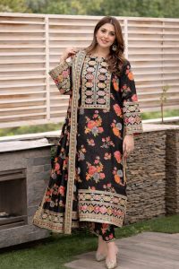 Aneela’s Digital Print Lawn Embroidered Black Dress with 4-Sided Embroidered Chiffon Dupatta (Unstitched) (Code:180020)
