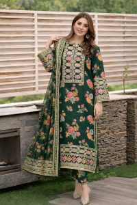 Aneela’s Digital Print Lawn Embroidered Dress with 4-Sided Embroidered Chiffon Dupatta (Unstitched) (Code:180015)