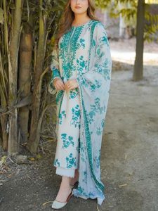 Aneela’s Lawn Heavy Embroidered Dress With 4-Sided Chiffon Embroidered Dupatta (Unstitched) (Code:179957)