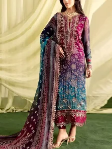 Digital Print Embroidered Multicolor Ombre Lawn Dress with 4-Side Emb. Chiffon Dupatta (code:180161)