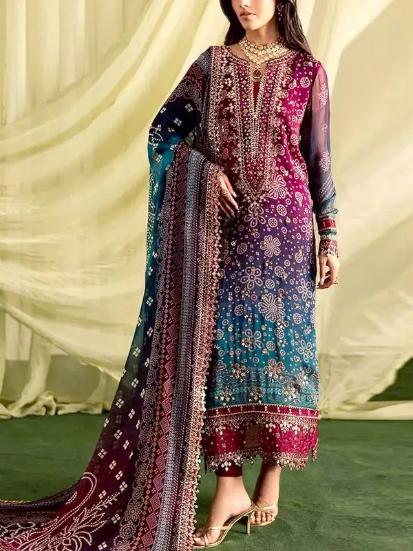 Digital Print Embroidered Multicolor Ombre Lawn Dress with 4-Side Emb. Chiffon Dupatta (code:180161)