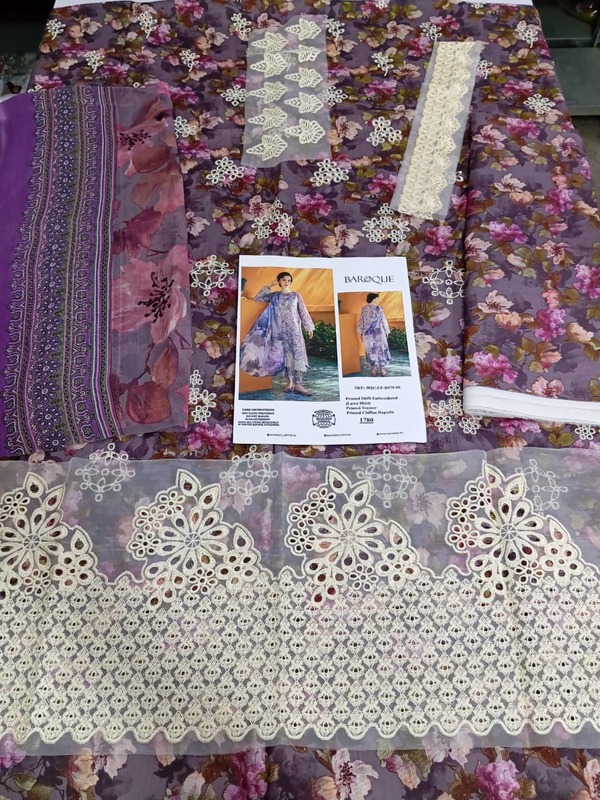 Baroque Printed Shifli Lawn Embroidered Dress With Printed Chiffon Dupatta (Unstitched) (Code:180360) - Image 2