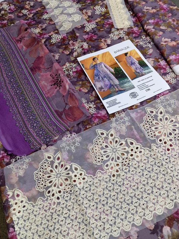 Baroque Printed Shifli Lawn Embroidered Dress With Printed Chiffon Dupatta (Unstitched) (Code:180360) - Image 3