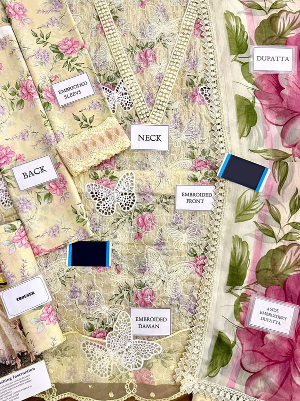 Luxury Butterfly Design Schiffli Embroidered EID Lawn Dress with Emb. Chiffon Dupatta (Unstitched) (Code:180427) - Image 2