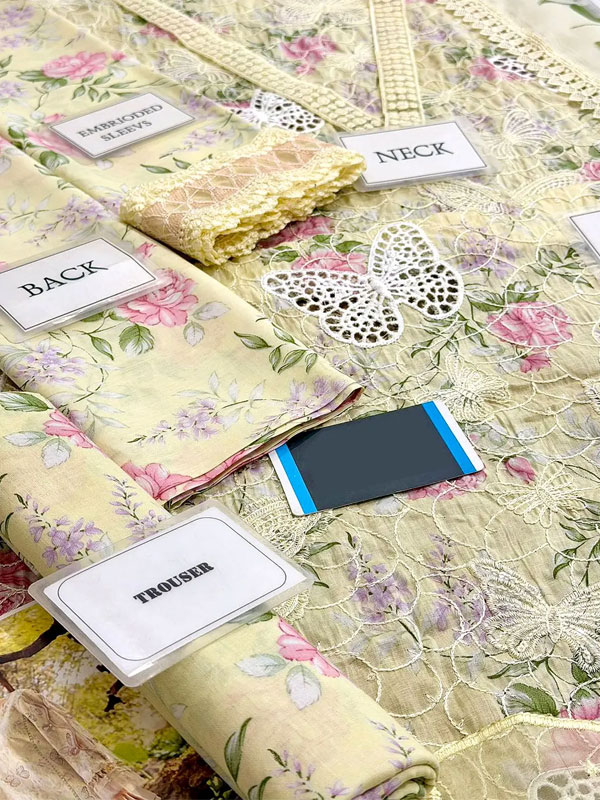 Luxury Butterfly Design Schiffli Embroidered EID Lawn Dress with Emb. Chiffon Dupatta (Unstitched) (Code:180427) - Image 3