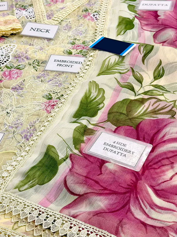 Luxury Butterfly Design Schiffli Embroidered EID Lawn Dress with Emb. Chiffon Dupatta (Unstitched) (Code:180427) - Image 4