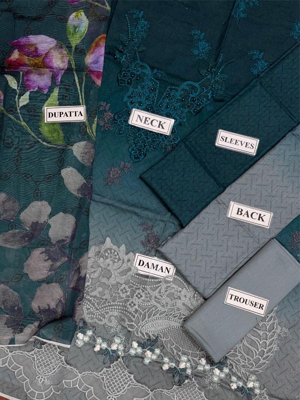 Elegent Lawn Heavy Embroidered Dress Wilk Silk Printed Dupatta (Unstitched) (Code:180476) - Image 4