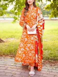 All-Over Floral Print Embroidered Orange Lawn Dress Design for Girls with Emb. Chiffon Dupatta (code:180355)