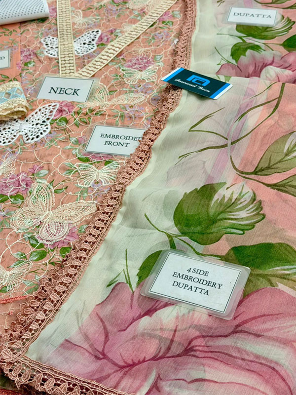 MARIA B Lawn Heavy Embroidered Butter Fly Design Dress With Chiffon Embroidered Dupatta (Unstitched) (Code:180819) - Image 3