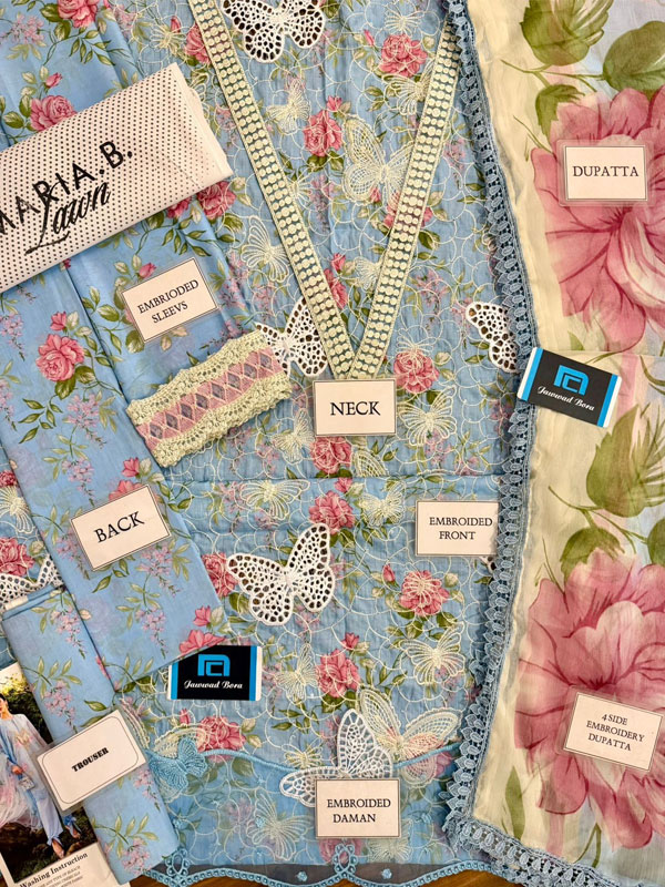 MARIA B Lawn Heavy Embroidered Butter Fly Design Dress With Chiffon Embroidered Dupatta (Unstitched) (Code:180825) - Image 2