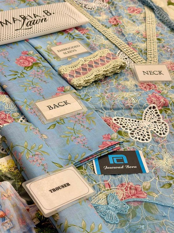 MARIA B Lawn Heavy Embroidered Butter Fly Design Dress With Chiffon Embroidered Dupatta (Unstitched) (Code:180825) - Image 3