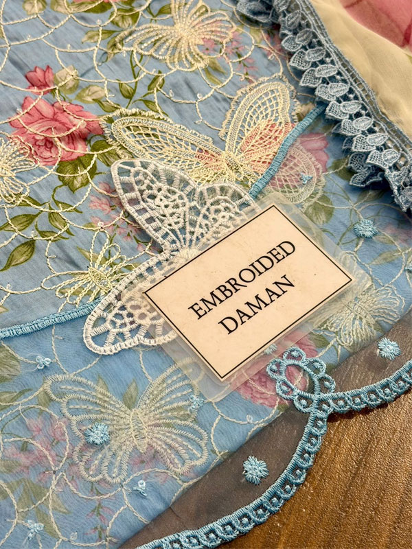 MARIA B Lawn Heavy Embroidered Butter Fly Design Dress With Chiffon Embroidered Dupatta (Unstitched) (Code:180825) - Image 4