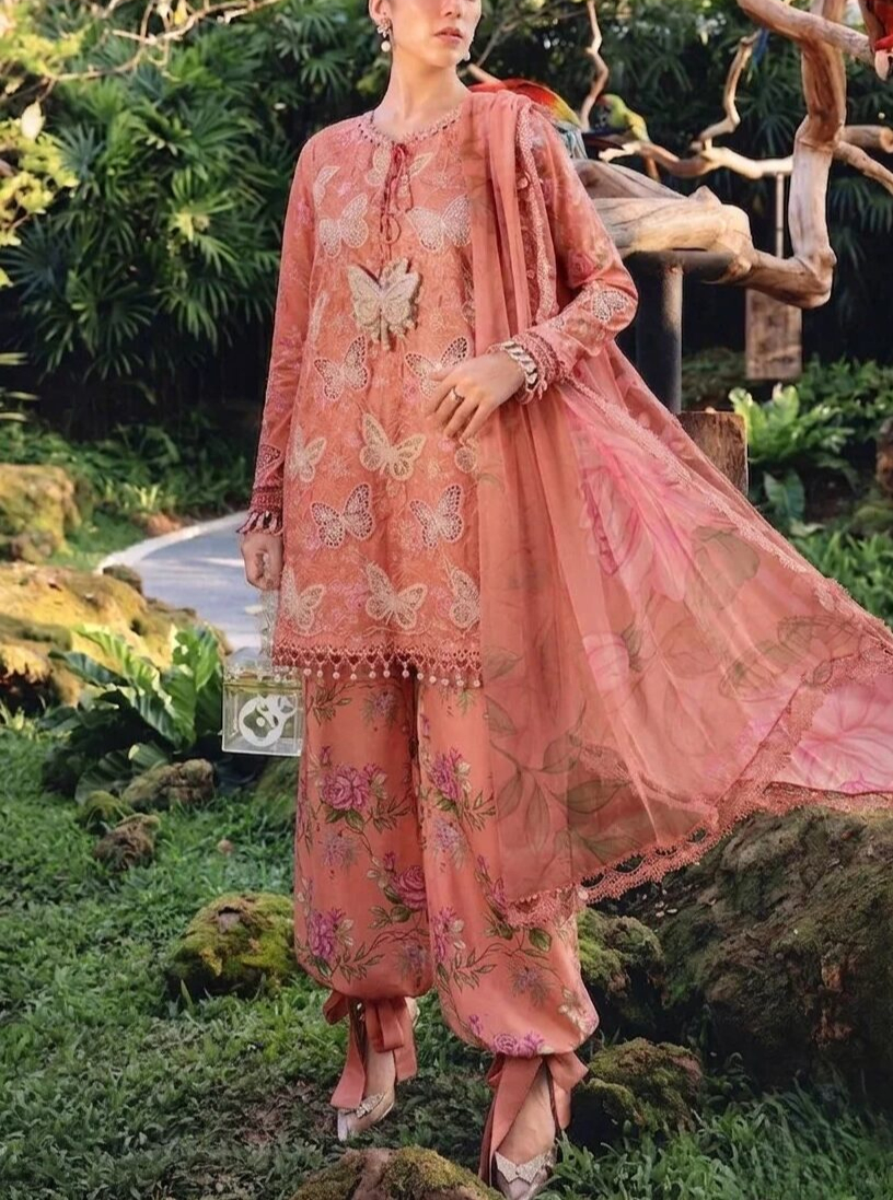 MARIA B Lawn Heavy Embroidered Butter Fly Design Dress With Chiffon Embroidered Dupatta (Unstitched) (Code:180819)