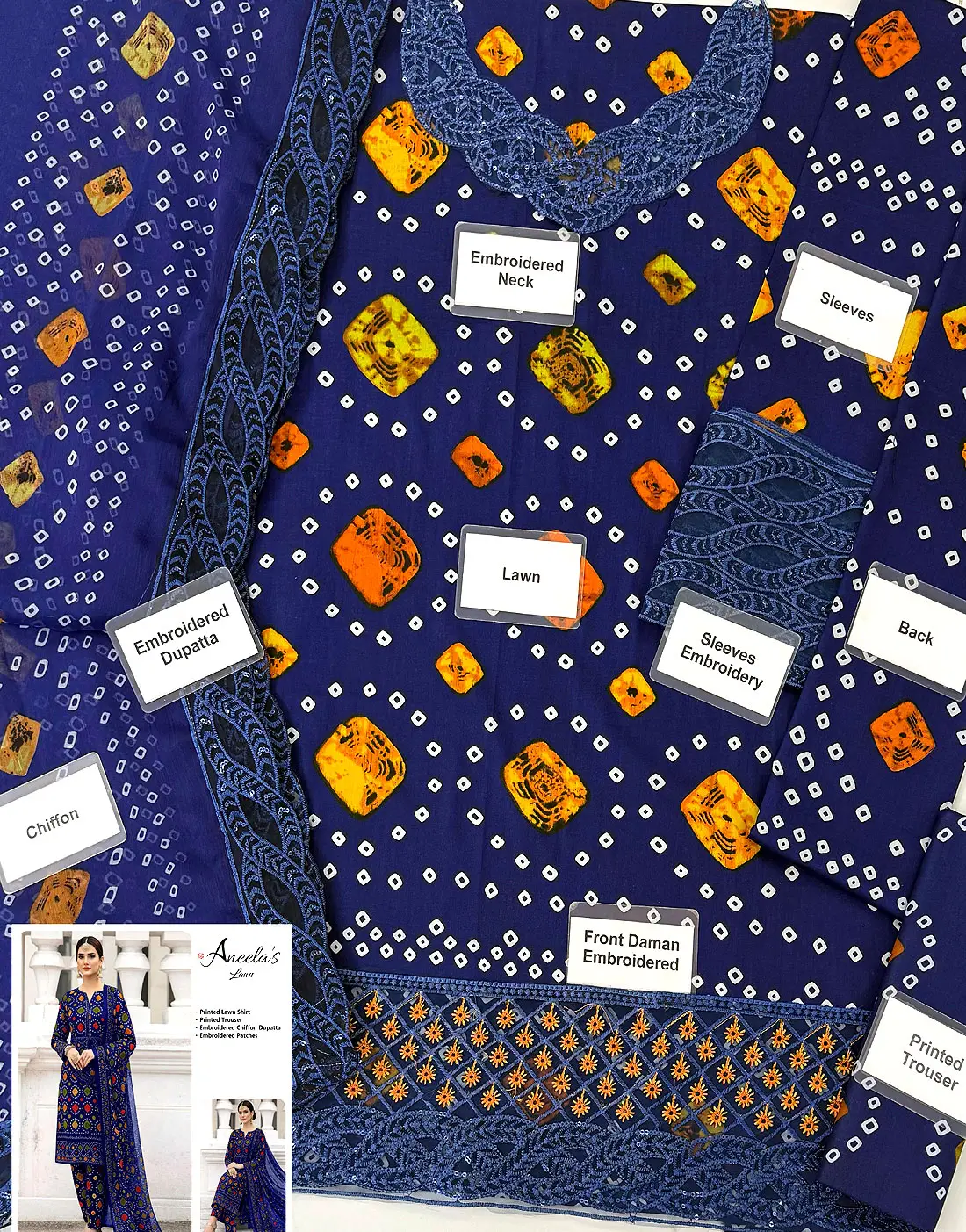 Digital Printed Chunri Lawn Dress With Printed Chiffon Dupatta (Unstitched) (Code:180770) - Image 2