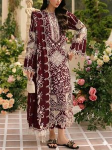 Bin Ilyas Cotton Lawn Heavy Embroidered Dress With Chiffon Embroidered Dupatta (Unstitched) (Code:181814)