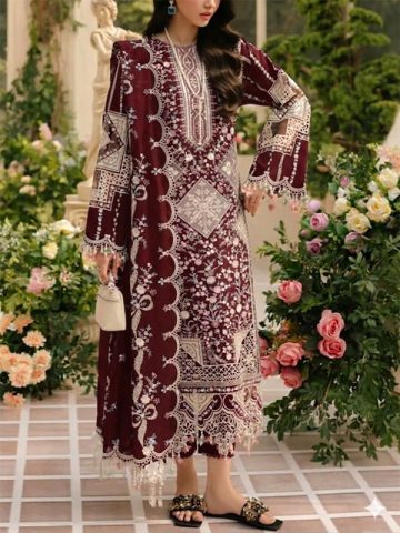 Bin Ilyas Cotton Lawn Heavy Embroidered Dress With Chiffon Embroidered Dupatta (Unstitched) (Code:181814)