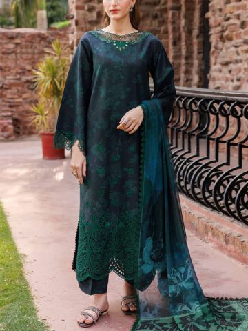 Heavy Embroidered Lawn Dress With 4 Sided Chiffon Embroidered Dupatta (Unstitched) (Code:181697)