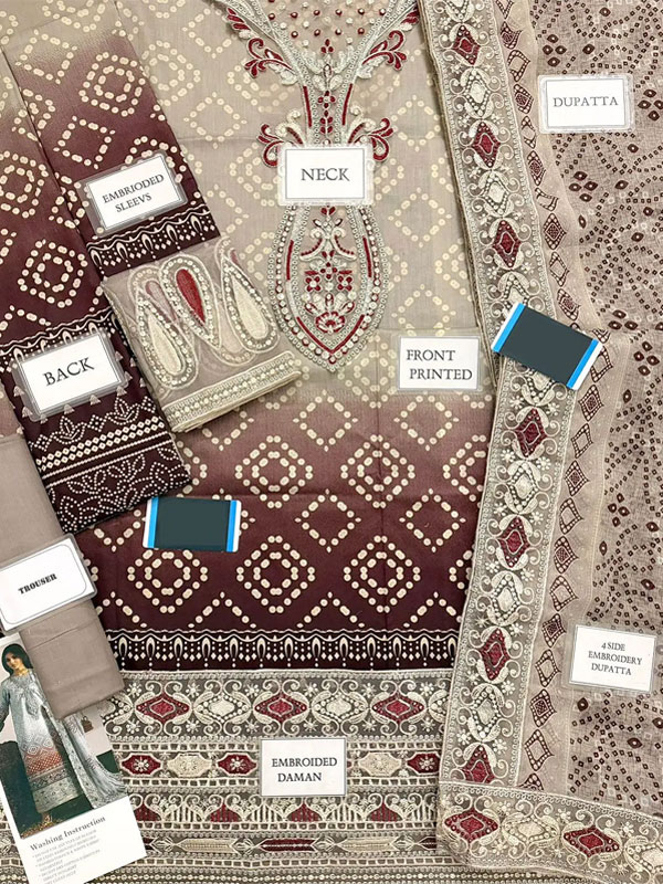 Heavy Embroidered Chunri Print Lawn Dress Design with 4-Side Embroidered Chiffon Dupatta (Code:182335) - Image 2
