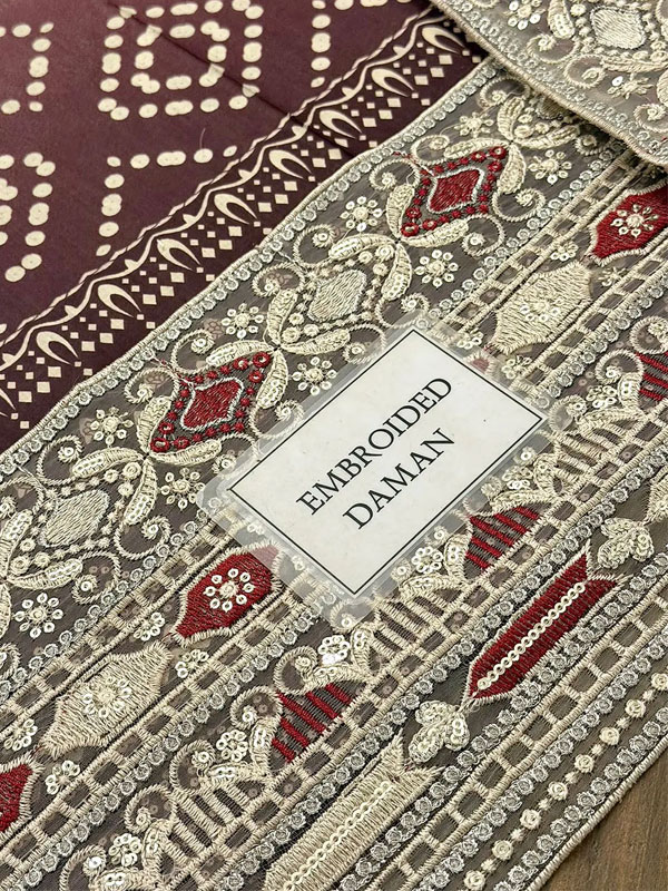 Heavy Embroidered Chunri Print Lawn Dress Design with 4-Side Embroidered Chiffon Dupatta (Code:182335) - Image 5