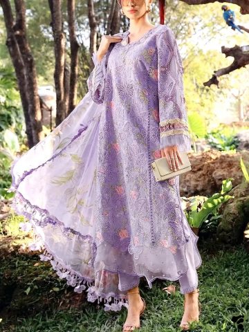 MARIA B Lawn Heavy Embroidered Butter Fly Design Dress With Chiffon Embroidered Dupatta (Unstitched) (Code:182093)