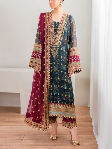 BAROQUE Chiffon Hevy Embroidered Dress With Digital Printed Sequence Embroidered Dupatta (Unstitched) (Code:182109)