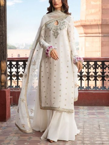 Graceful Embroidered White Chiffon Dress With 4-Sided Embroidered NET Dupatta (Unstitched)