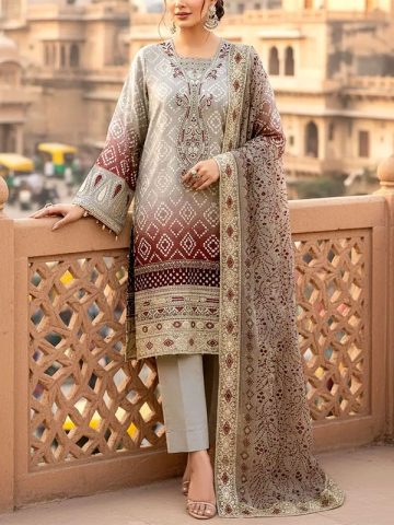 Heavy Embroidered Chunri Print Lawn Dress Design with 4-Side Embroidered Chiffon Dupatta (Code:182335)