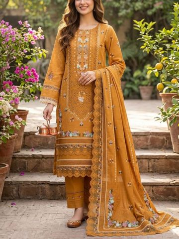 LUXURY Cotton Heavy Embroidered Dress With Chiffon Embroidered Dupatta (Unstitched) (Code:182086)