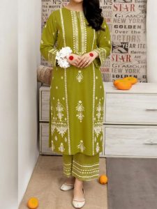 2 PCs Heavy Embroidered Lawn Dress With Plain Trouser (Unstitched) (Code:182536)