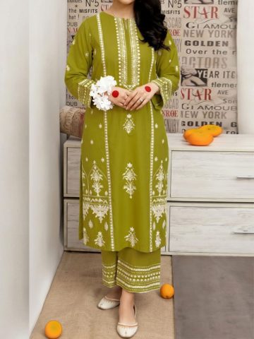 2 PCs Heavy Embroidered Lawn Dress With Plain Trouser (Unstitched) (Code:182536)