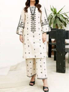 2 PCs Heavy Embroidered Lawn Dress With Heavy Embroidered Trouser (Unstitched) (Code:182548)