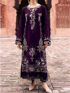 2 PCs Heavy Embroidered Lawn Dress With Plain Trouser (Unstitched) (Code:182554)