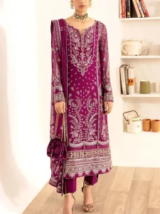 Heavy Embroidered Magenta Chiffon Party Wear Dress With Chiffon Embroidered Dupatta (Unstitched) (Code:182597)