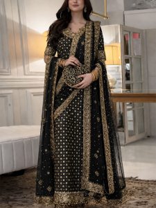 LUXURY Chiffon Adda Work Heavy Embroidered Dress With Cluch With 4 Sided Embroidered Dupatta (Unstitched) (Code:182788)
