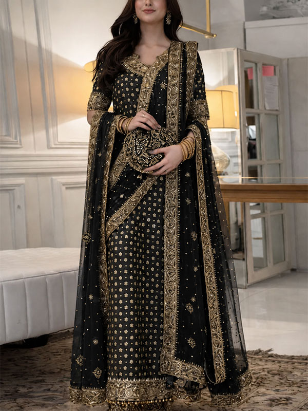 LUXURY Chiffon Adda Work Heavy Embroidered Dress With Cluch With 4 Sided Embroidered Dupatta (Unstitched) (Code:182788)