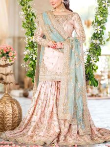 Luxury Embroidered Powder Pink NET Bridal Sharara Dress with Hand Embellishments (Code:182588)