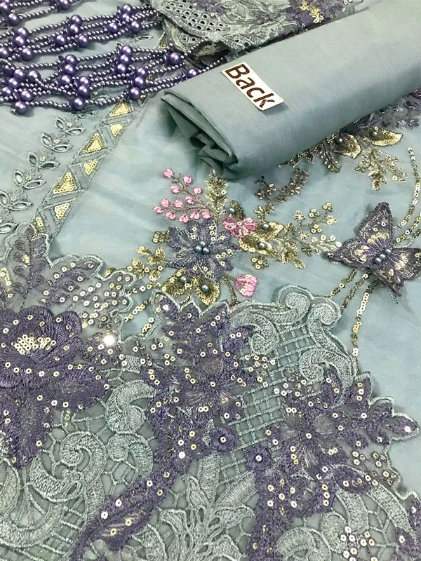 Maria B Heavy Embroidered Dusty Blue Chiffon Wedding Dress 2026 with Handcrafted Detailing (Unstitched) (Code:182887) - Image 3