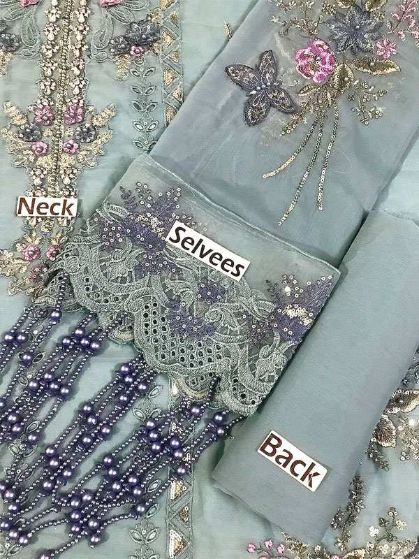 Maria B Heavy Embroidered Dusty Blue Chiffon Wedding Dress 2026 with Handcrafted Detailing (Unstitched) (Code:182887) - Image 4